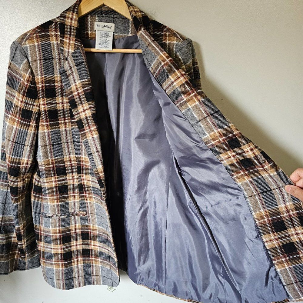 EUC VINTAGE WHITE STAG PLAID WOOL BLEND BLAZER JACKET SIZE 10 / M - Picture 4 of 15